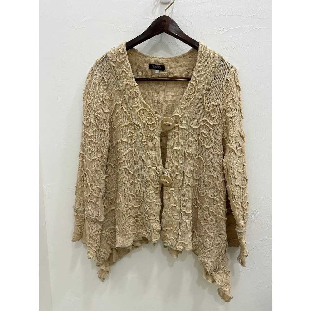 Jaskar Cardigan Women Large Beige Good Cotton Floral Lagenlook Open Knit Boho